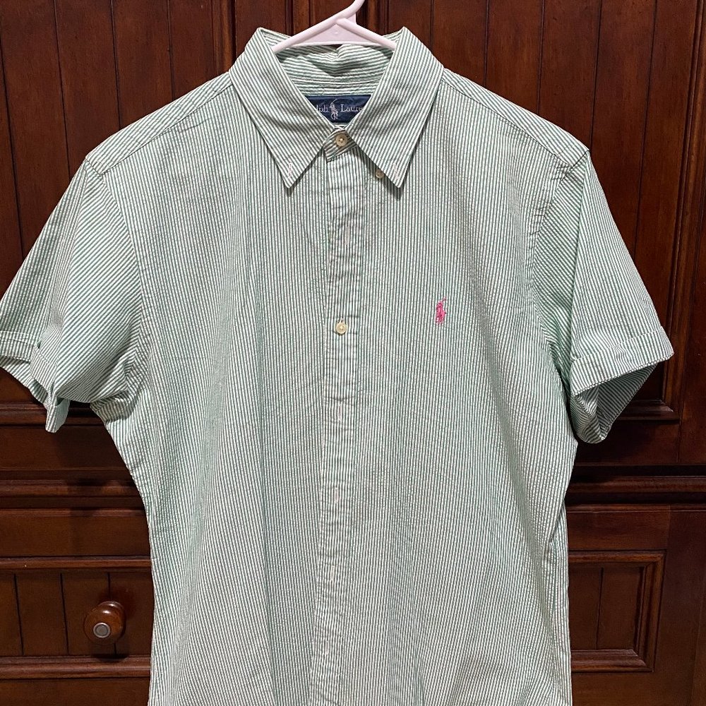 Green Striped Ralph Lauren Button Down Polo Shirt